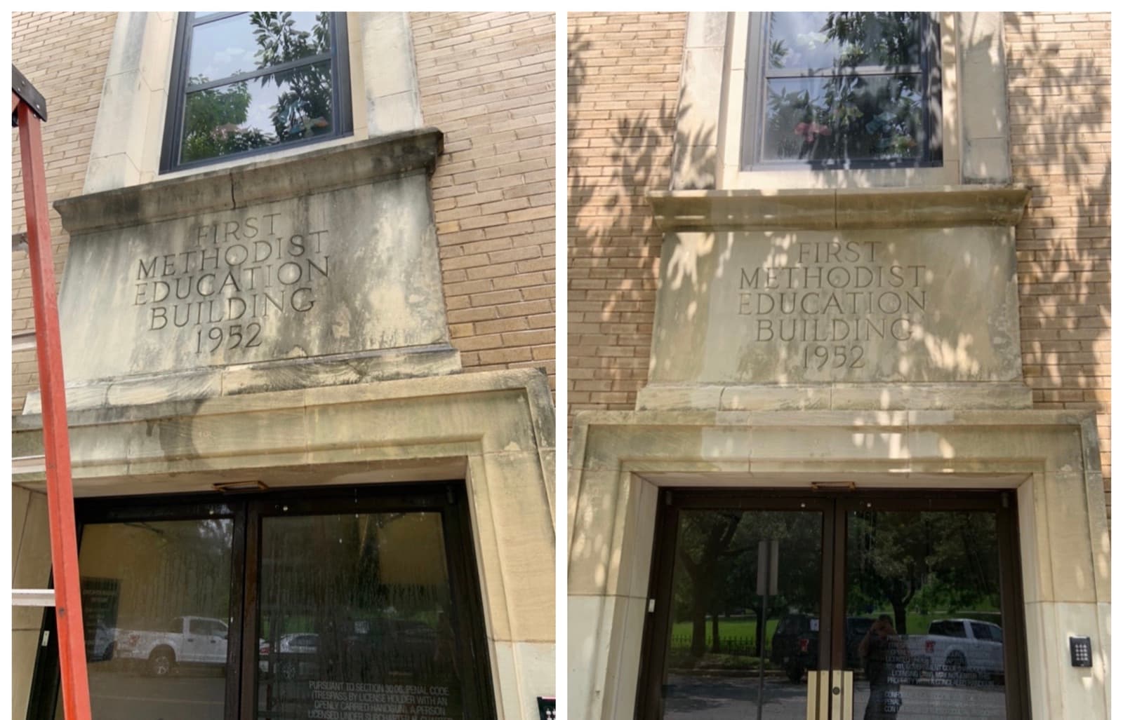 Commercial limestone building facade before and after cleaning