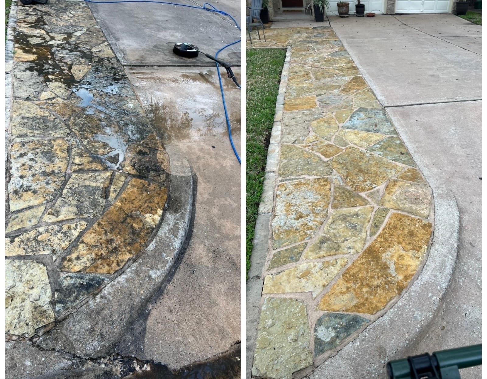 Flagstone walkway transformed from grimy to spotless after professional cleaning