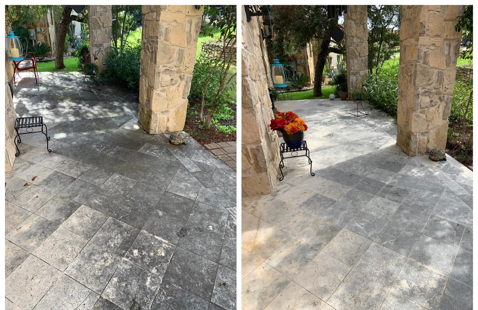 Travertine patio before and after pressure washing