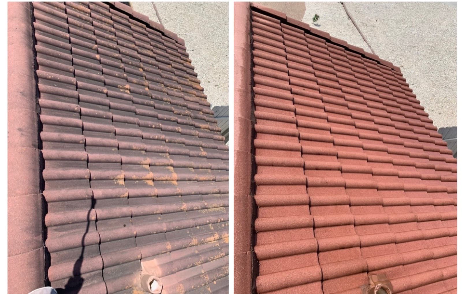 Red tile roof close-up before and after soft wash